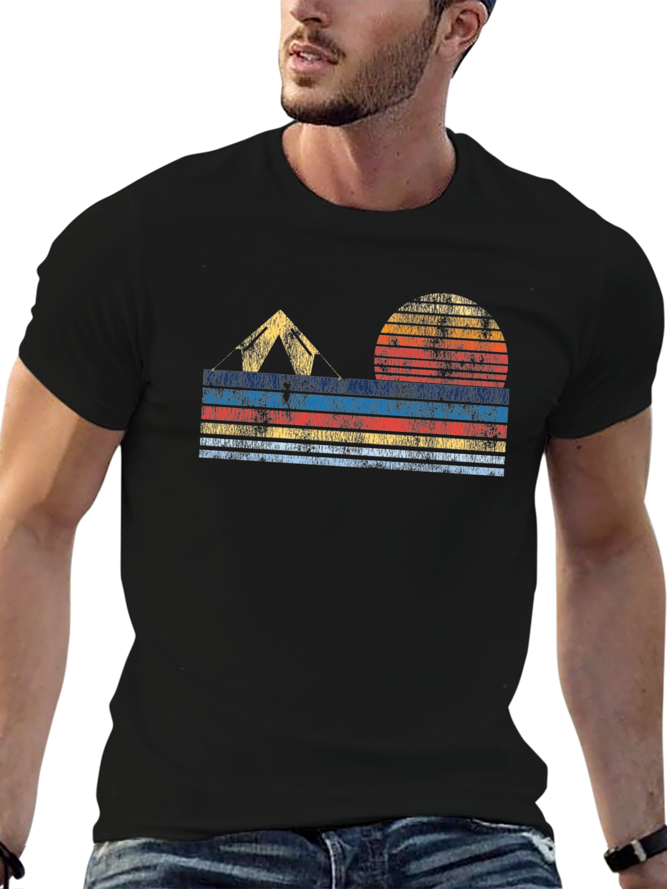 Retro Camping T-Shirt - Tent & Sunset Design