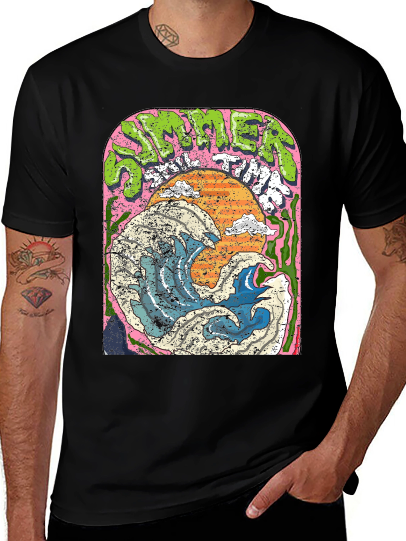 Summer Time Wave Graphic Black T-Shirt