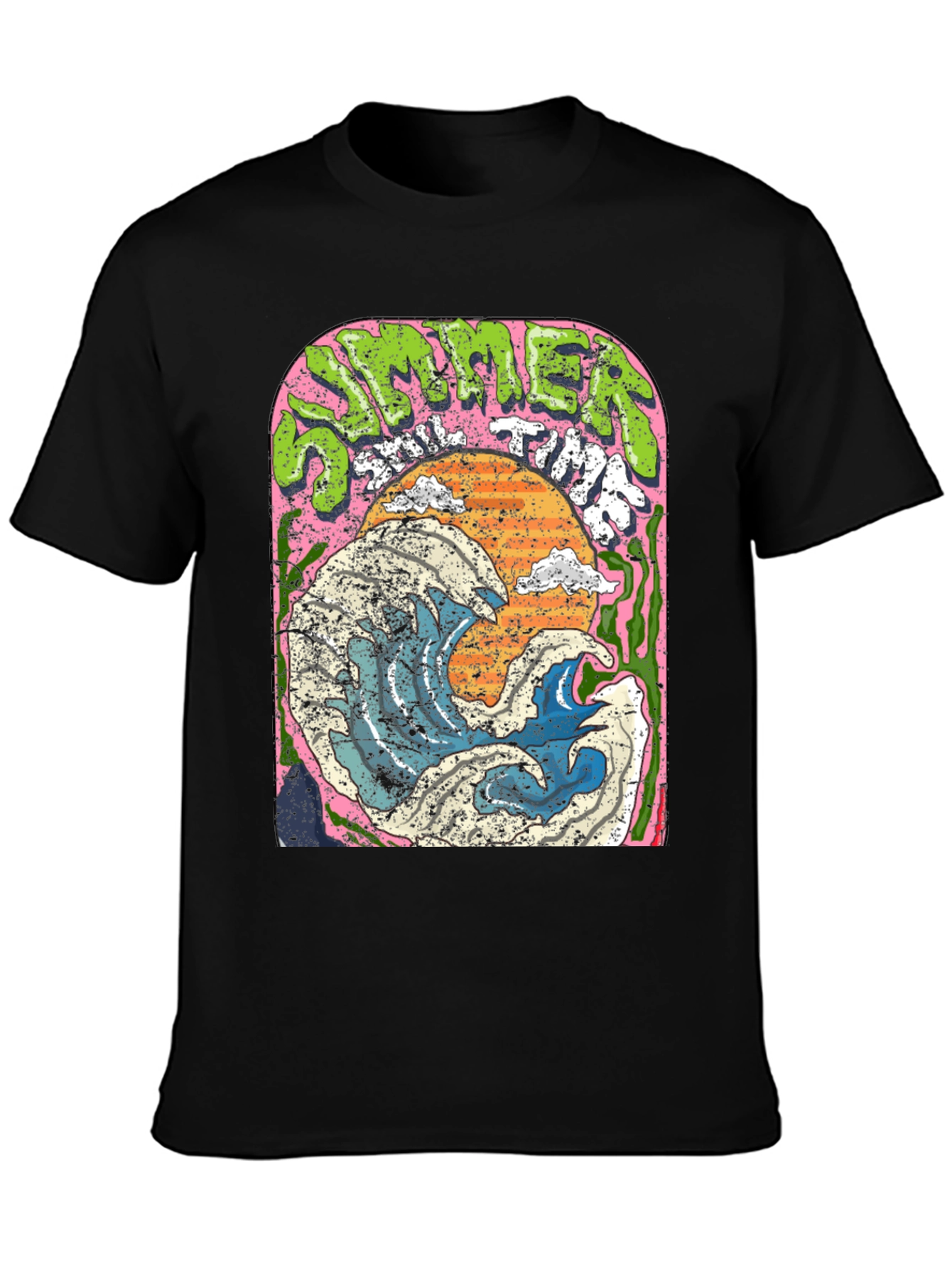 Summer Time Wave Graphic Black T-Shirt