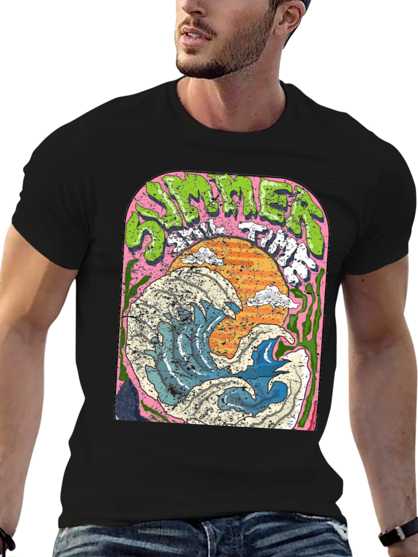 Summer Time Wave Graphic Black T-Shirt