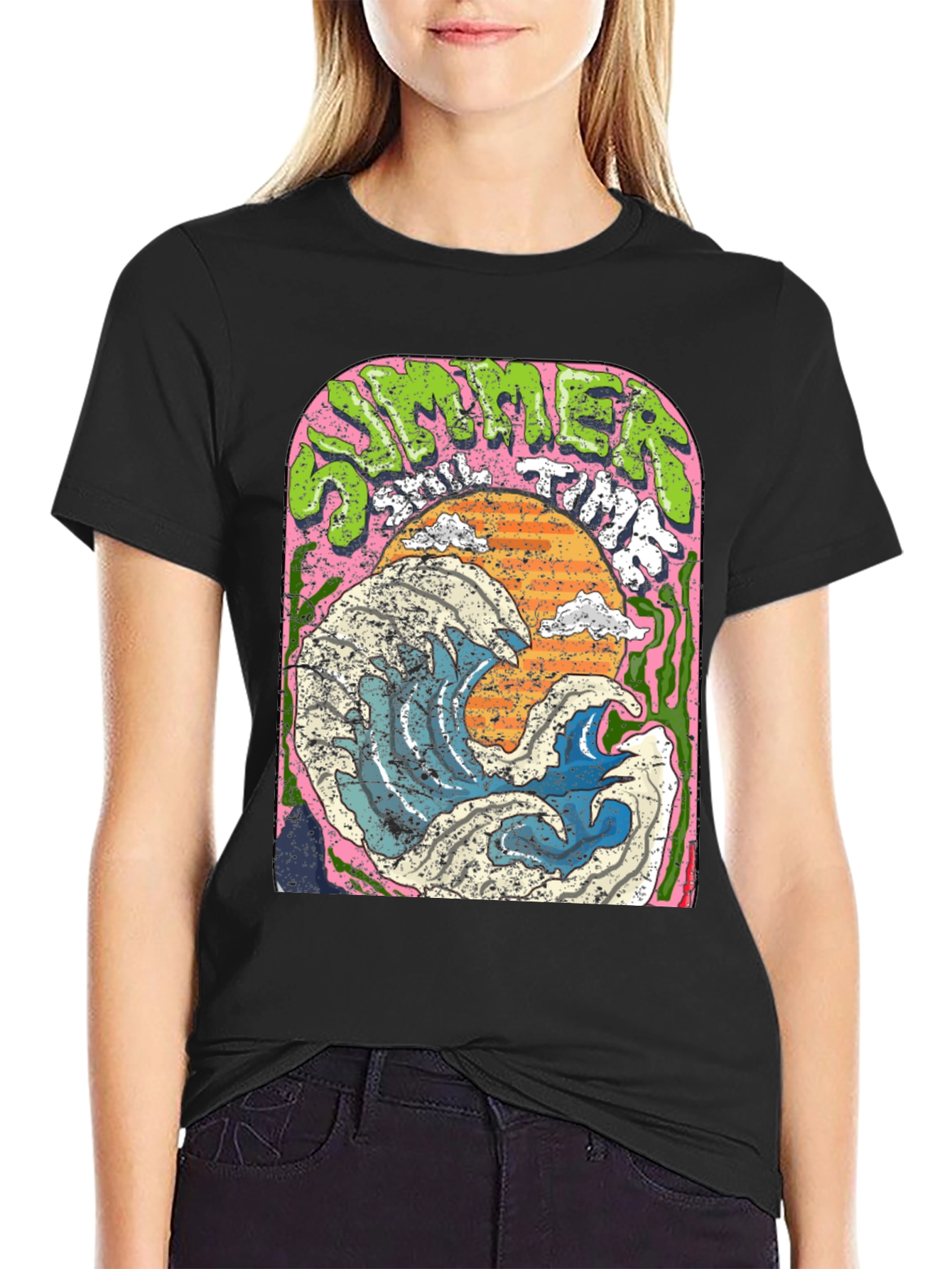 Summer Time Wave Graphic Black T-Shirt