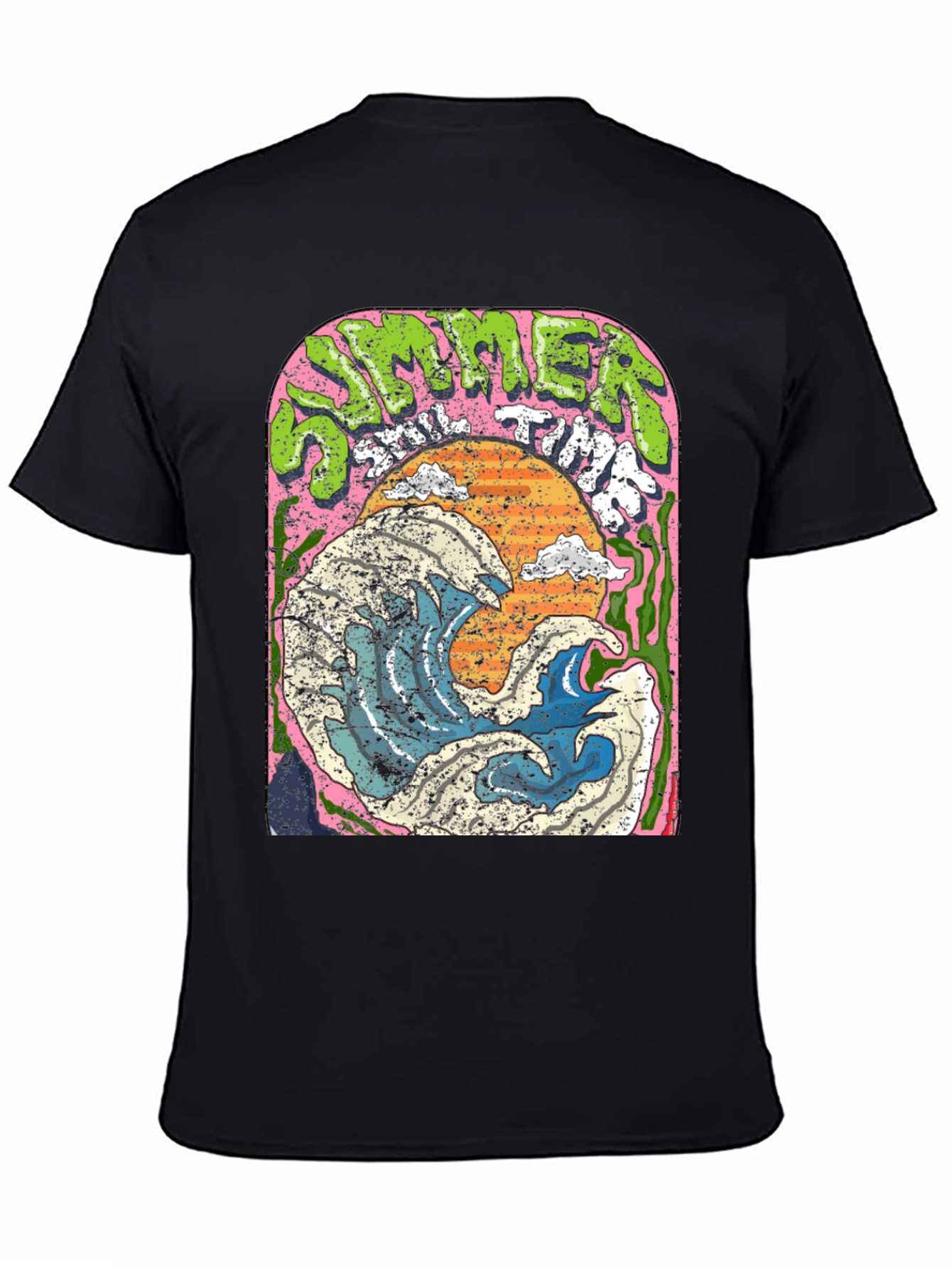 Summer Time Wave Graphic Black T-Shirt