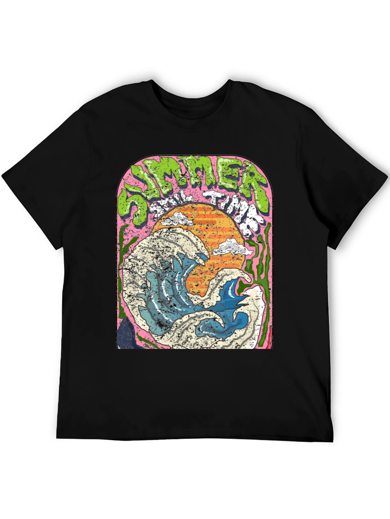 Summer Time Wave Graphic Black T-Shirt