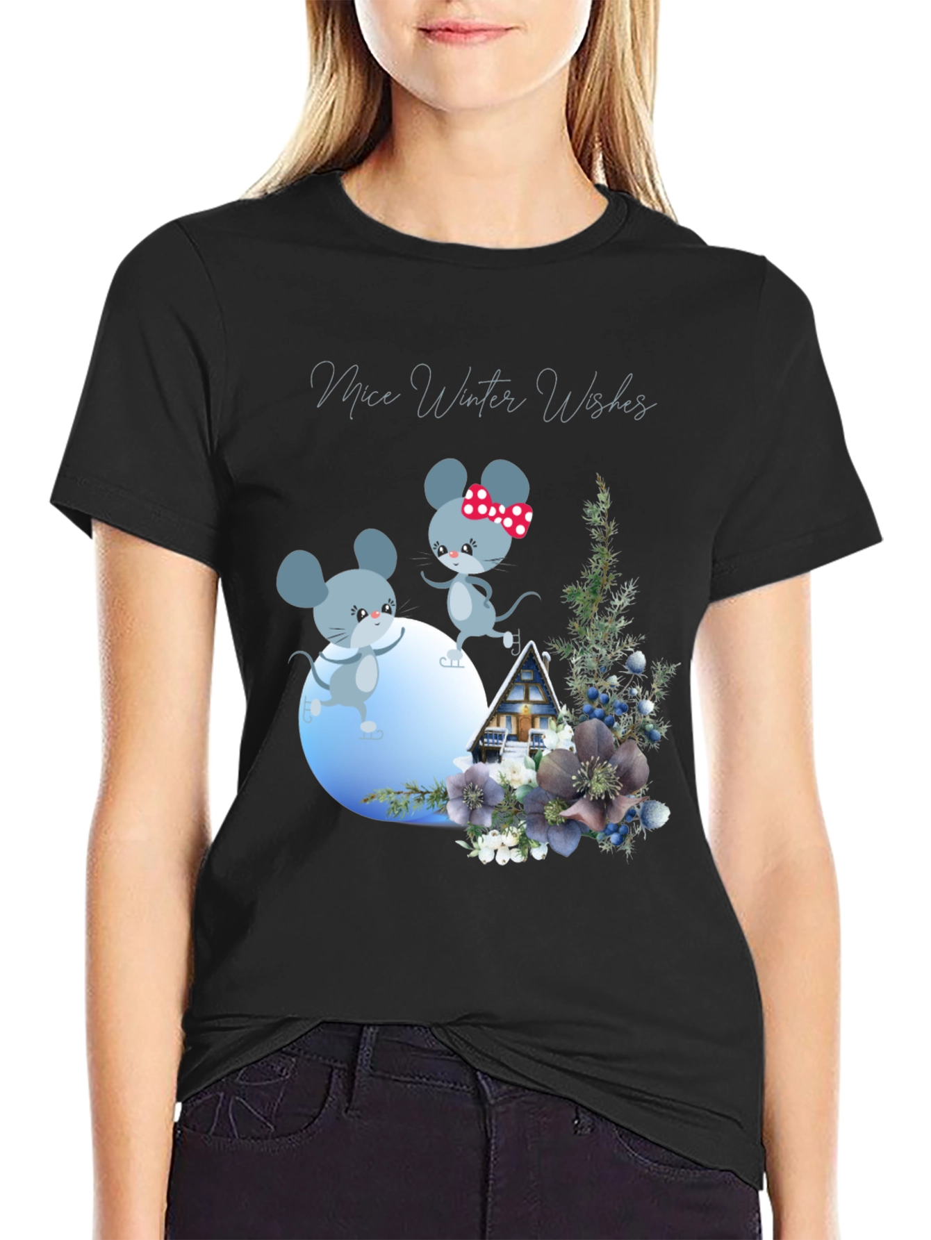 Mice Winter Wishes Black Graphic T-Shirt