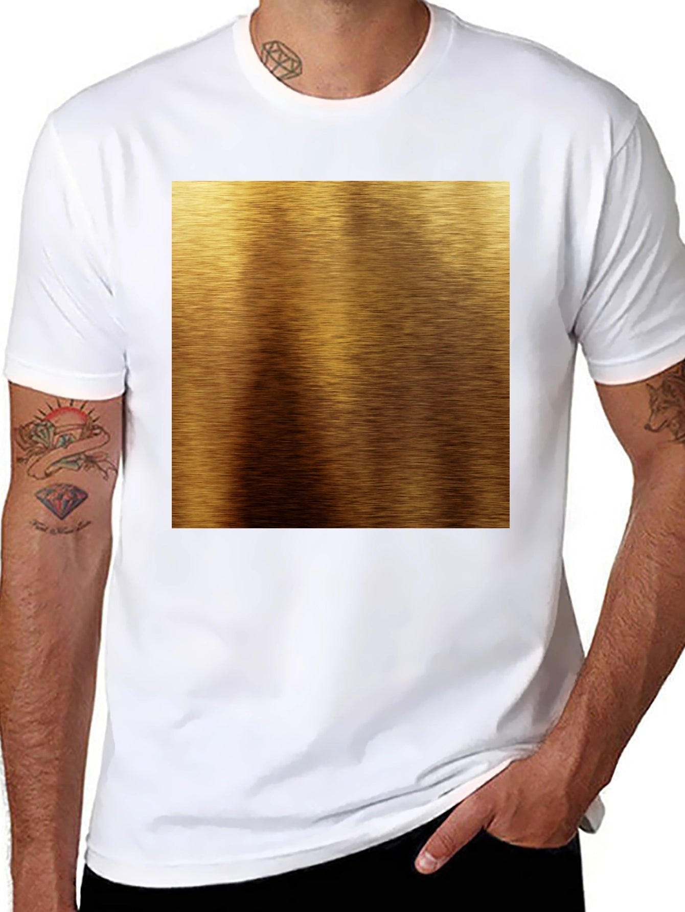 Gold Brushed Metal Texture Print Black T-Shirt