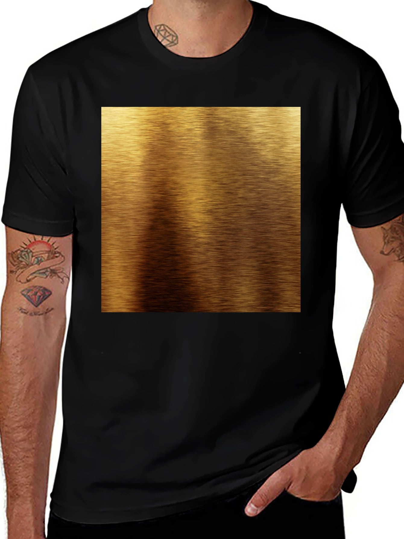 Gold Brushed Metal Texture Print Black T-Shirt