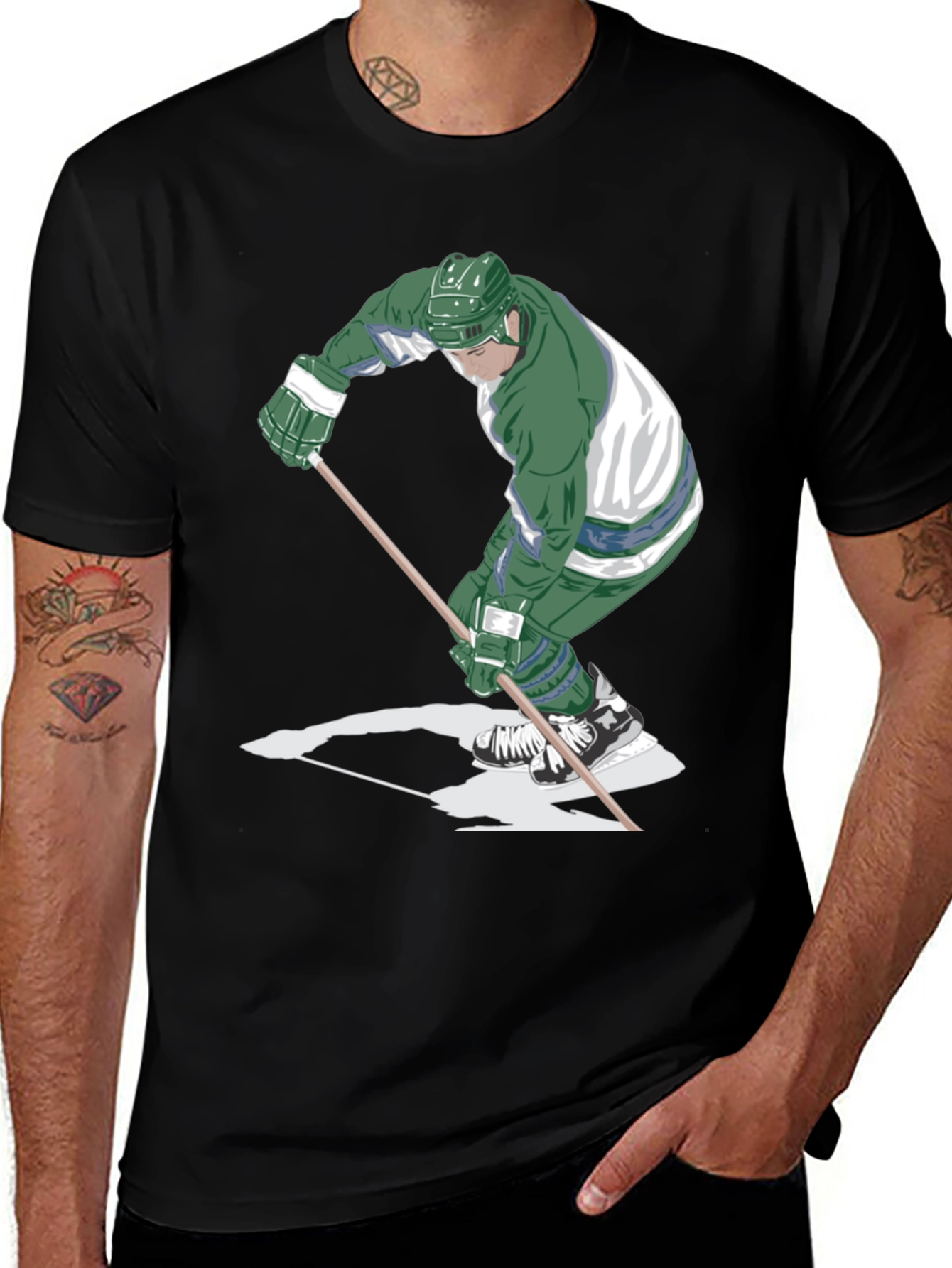 Hockey Player Graphic Tee - Black Cotton T-Shirt