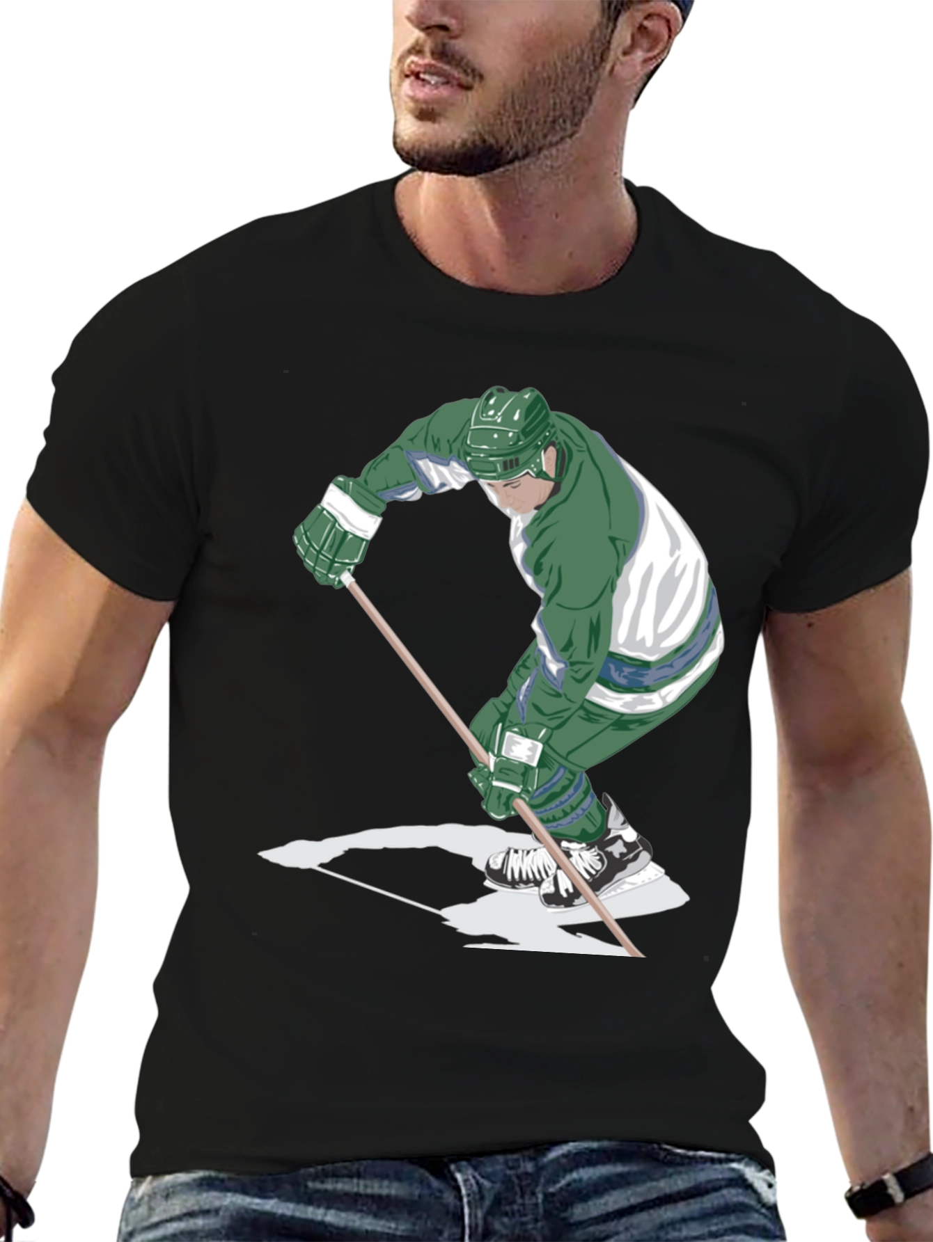 Hockey Player Graphic Tee - Black Cotton T-Shirt