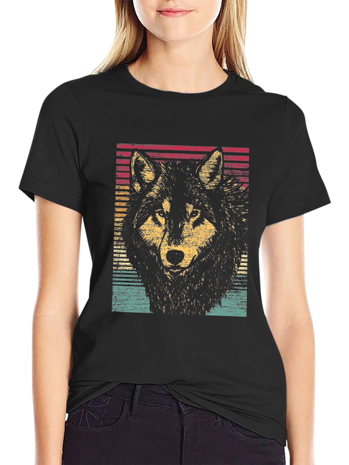 Retro Wolf Graphic Black T-Shirt