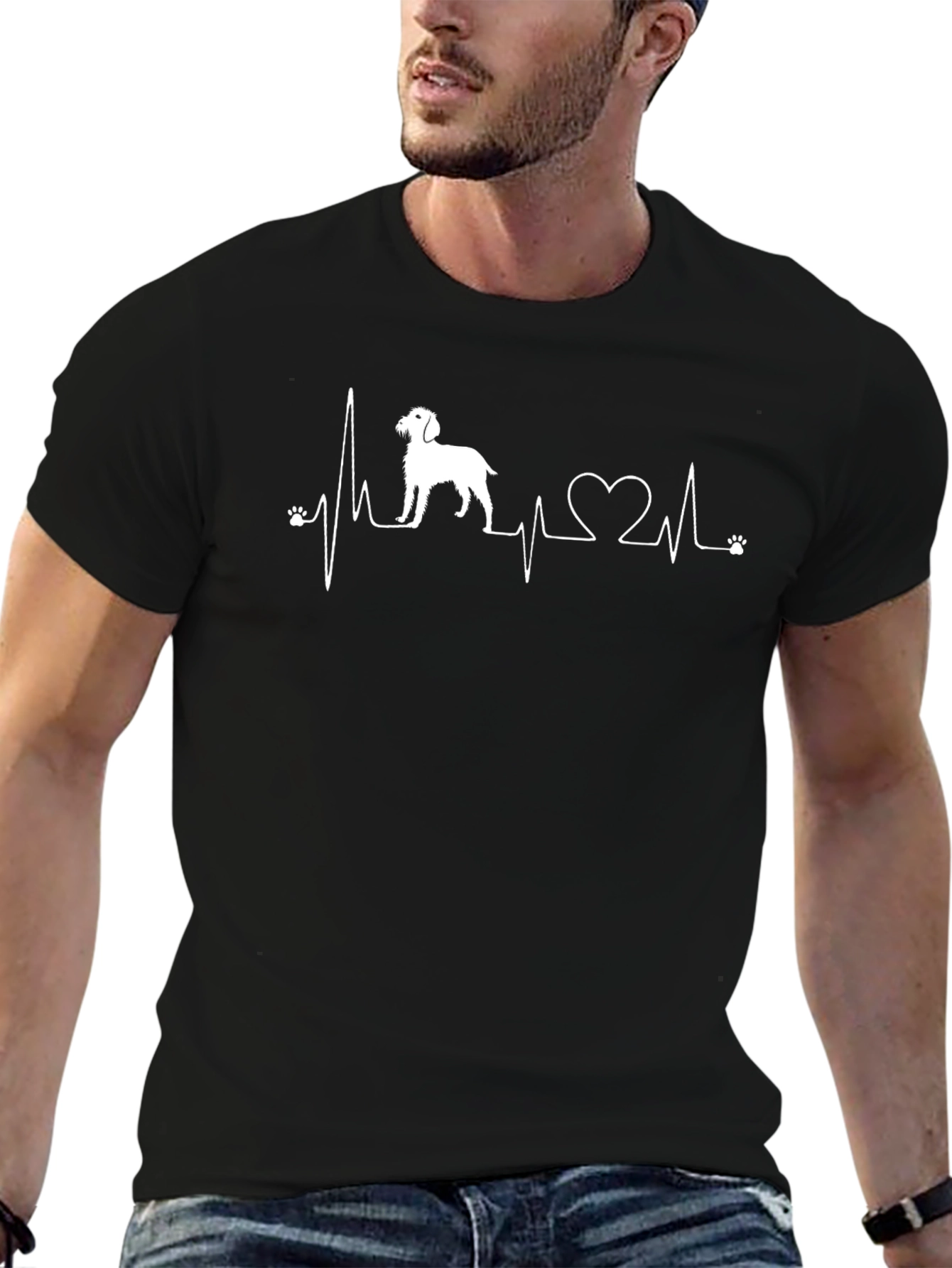 Dog Lover Heartbeat T-Shirt - Black Crew Neck Tee
