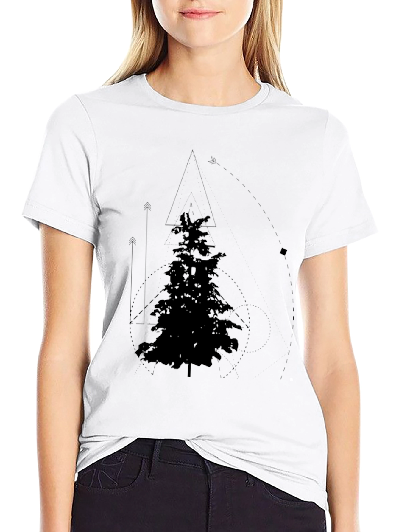 Geometric Pine Tree Graphic Tee - Black