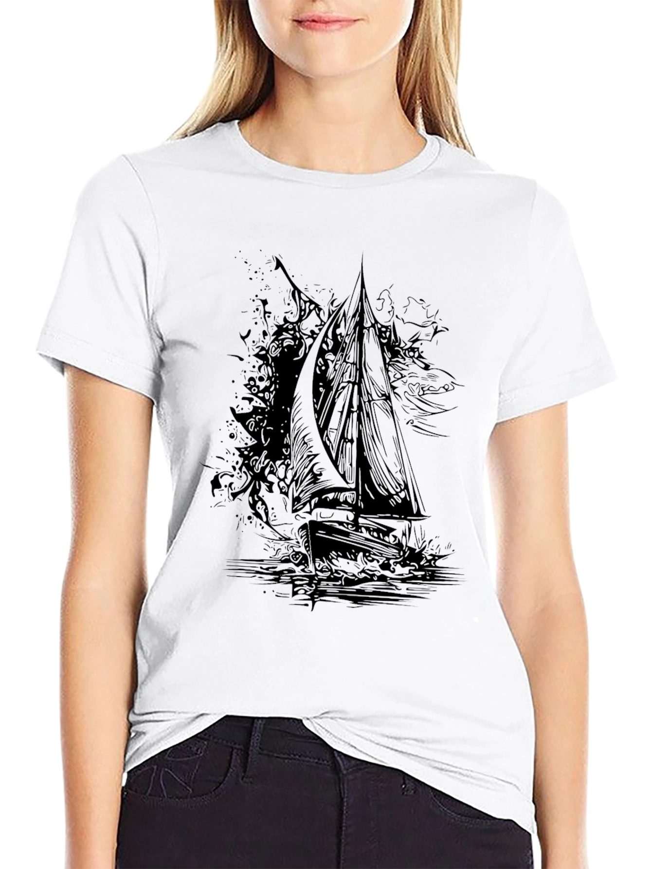 Black Graphic Tee: Sailing Ship Design