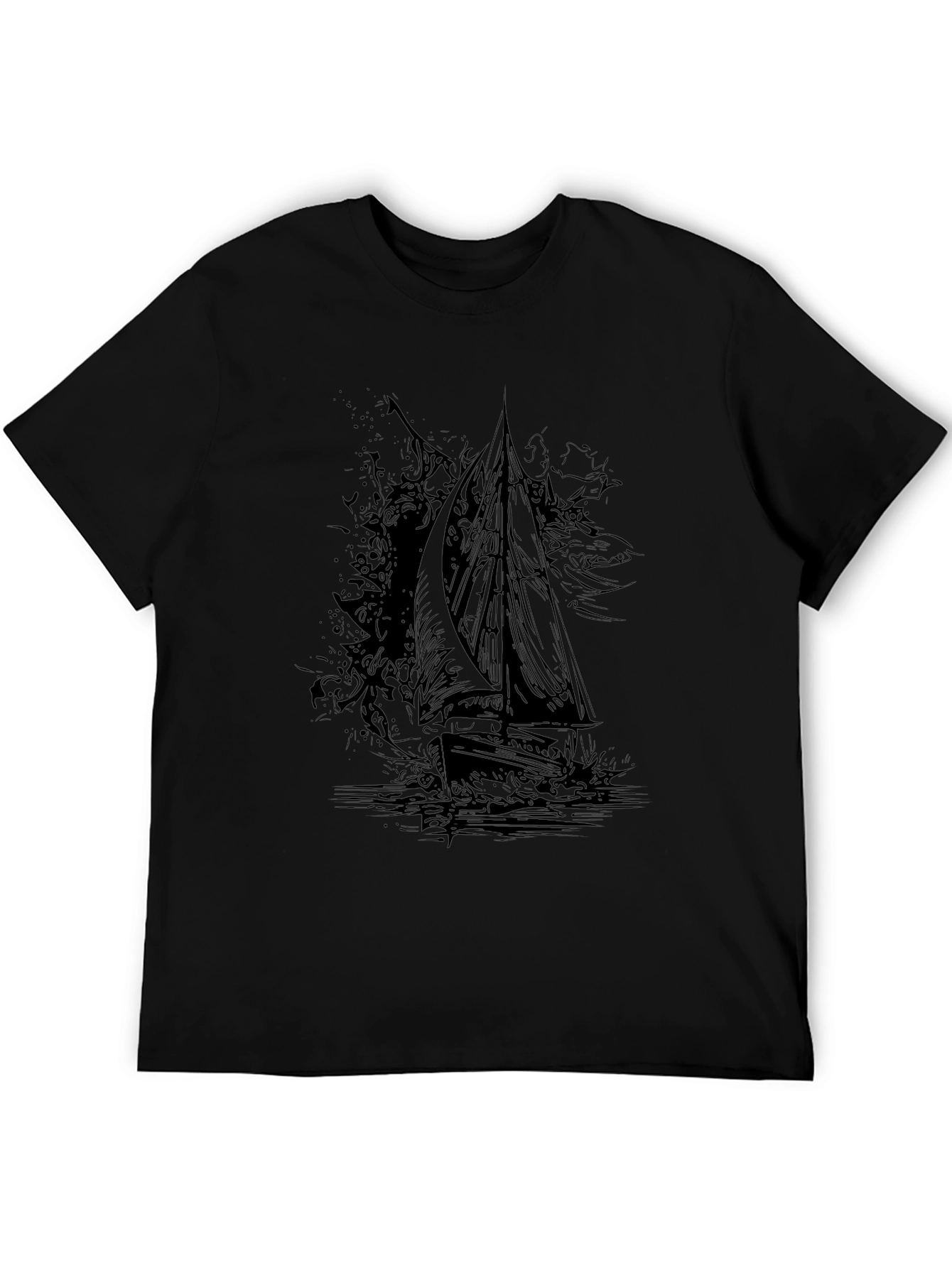 Black Graphic Tee: Sailing Ship Design