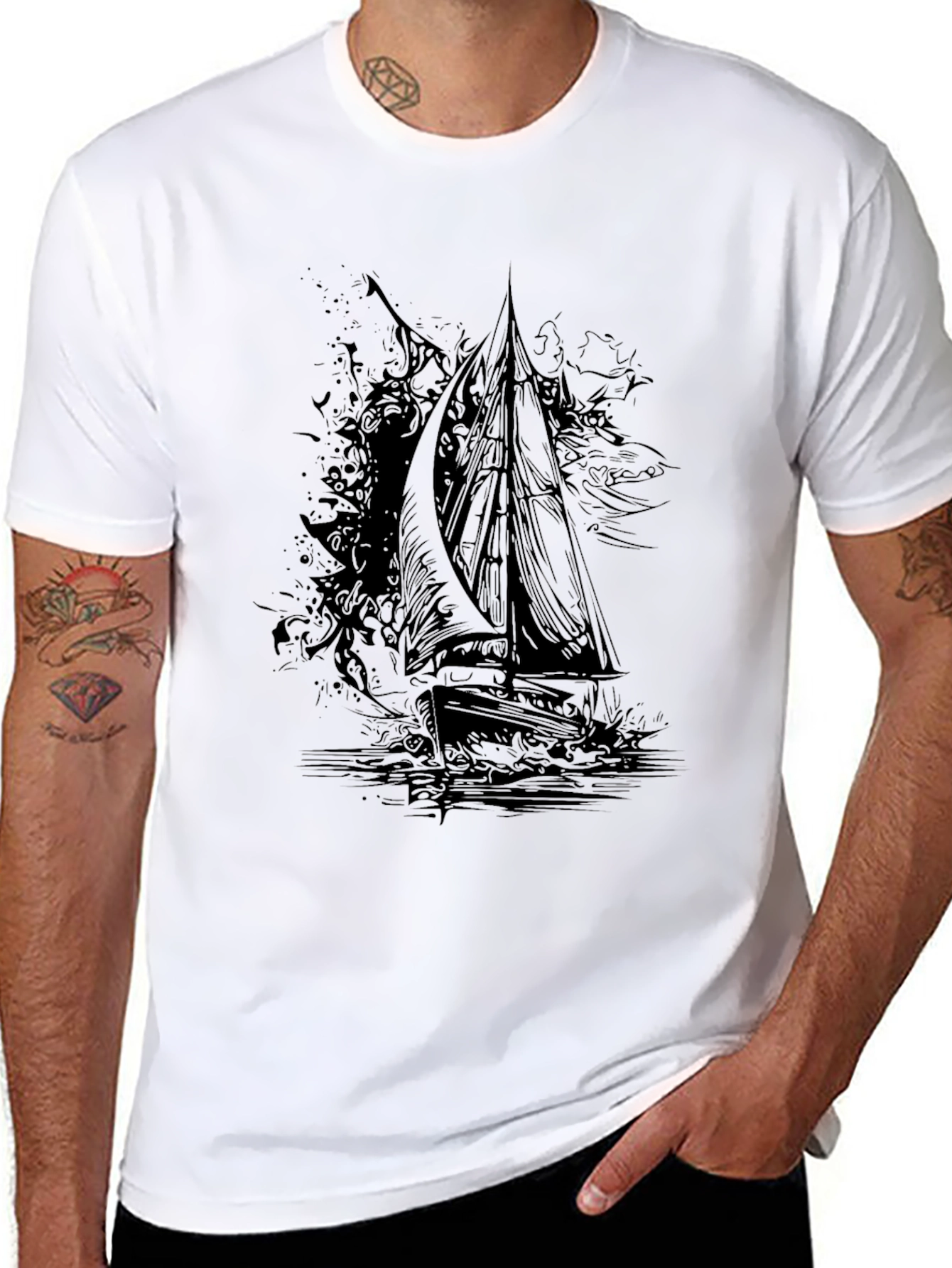 Black Graphic Tee: Sailing Ship Design