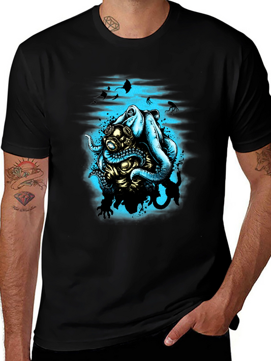 Octopus Diver Graphic T-Shirt - Black Cotton Tee