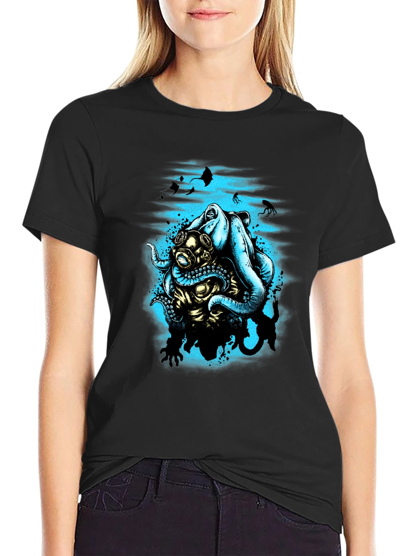 Octopus Diver Graphic T-Shirt - Black Cotton Tee