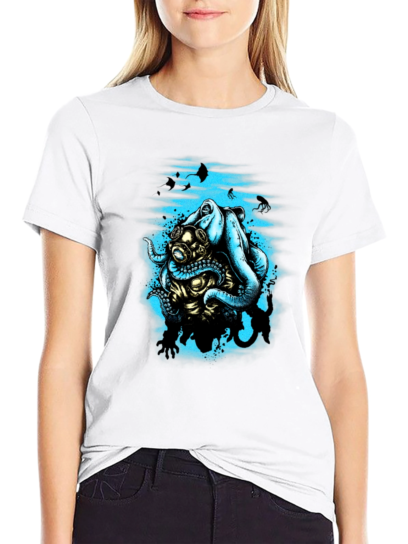 Octopus Diver Graphic T-Shirt - Black Cotton Tee