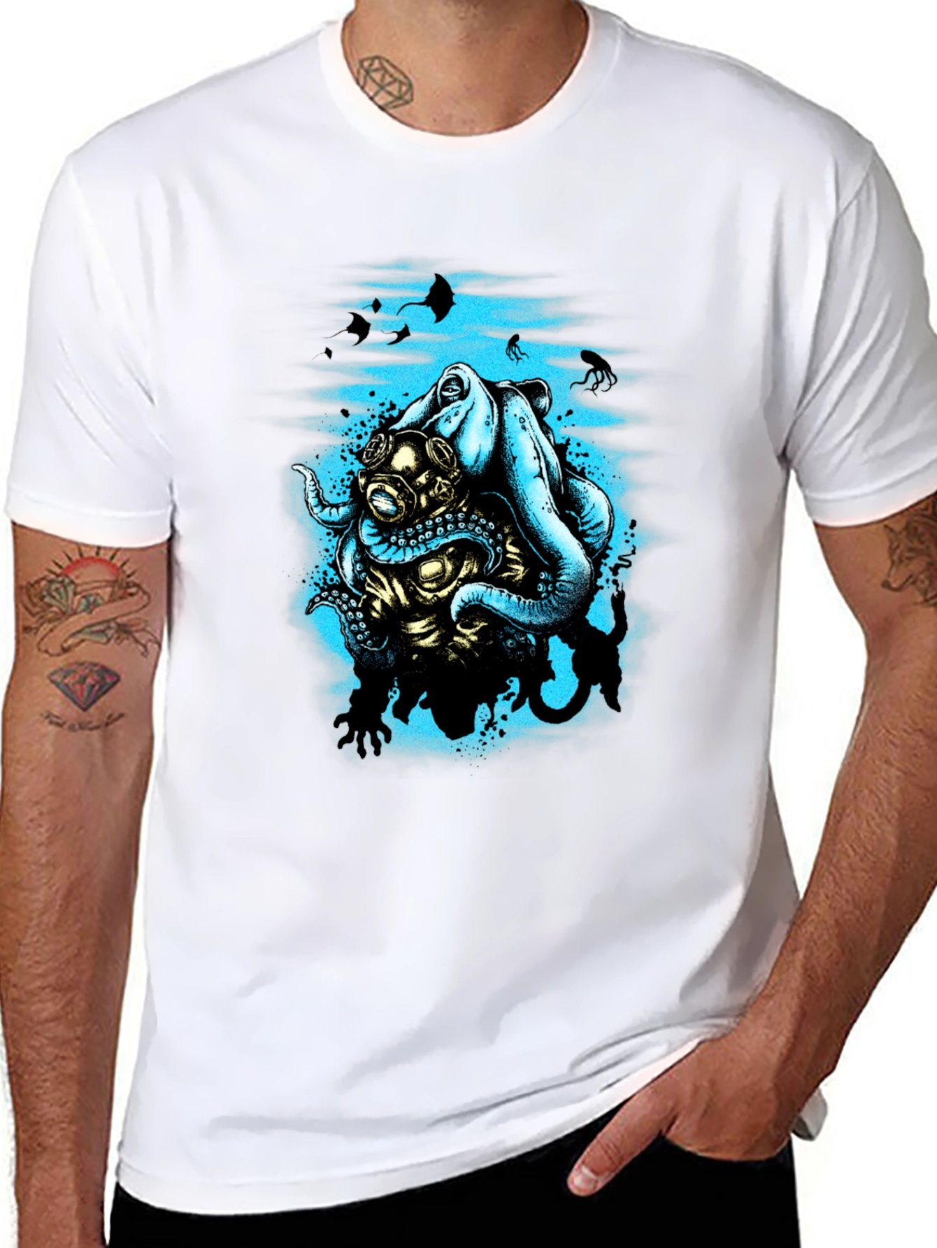 Octopus Diver Graphic T-Shirt - Black Cotton Tee