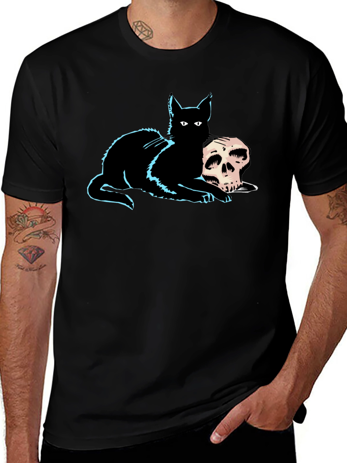 Cat & Skull Graphic Tee - Gothic Style