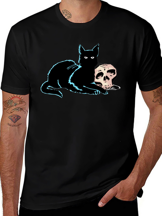 Cat & Skull Graphic Tee - Gothic Style
