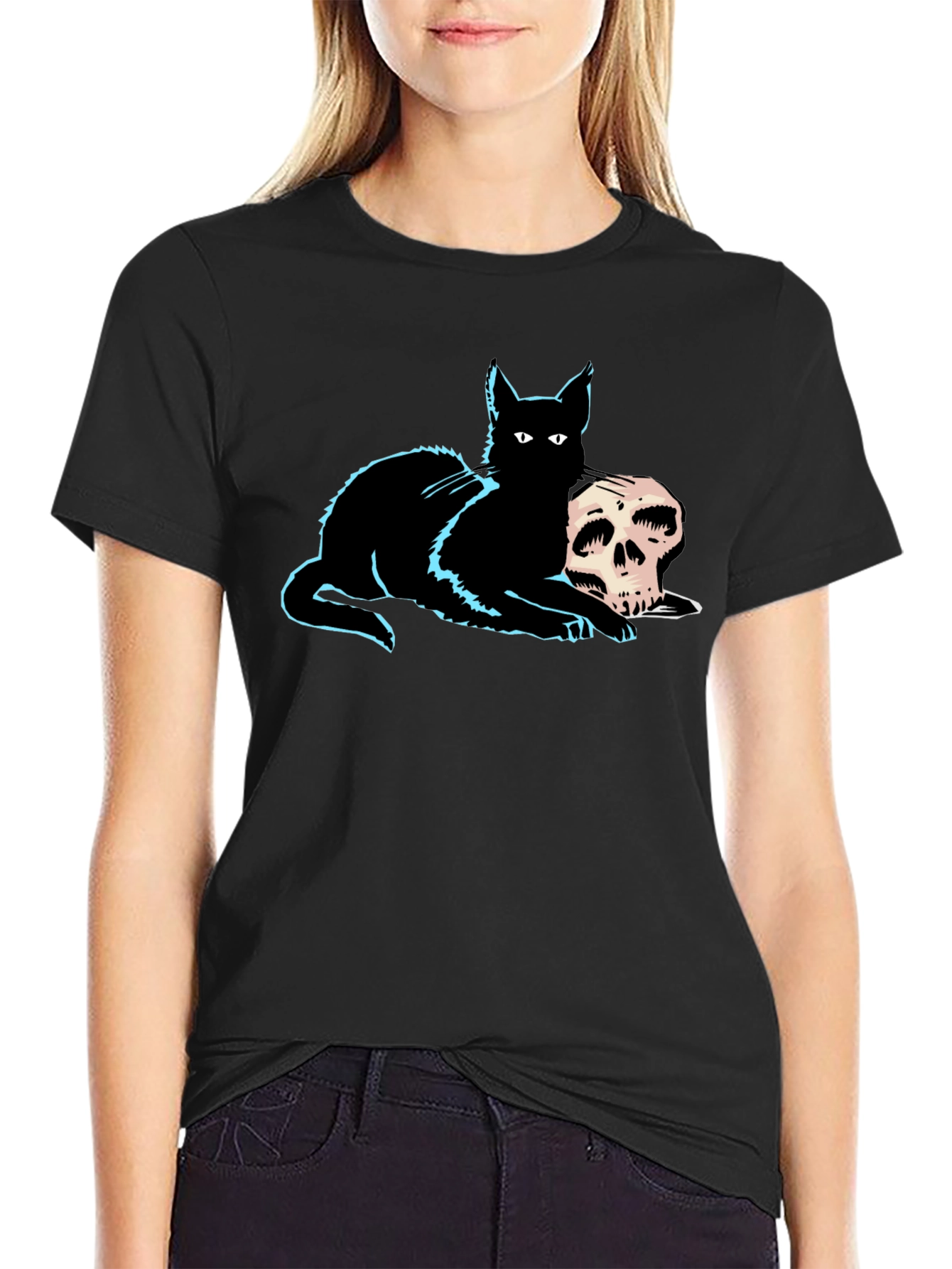 Cat & Skull Graphic Tee - Gothic Style