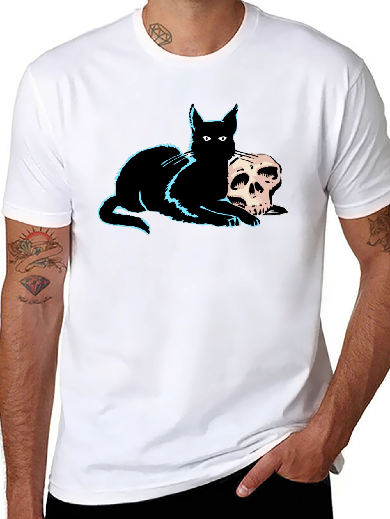 Cat & Skull Graphic Tee - Gothic Style