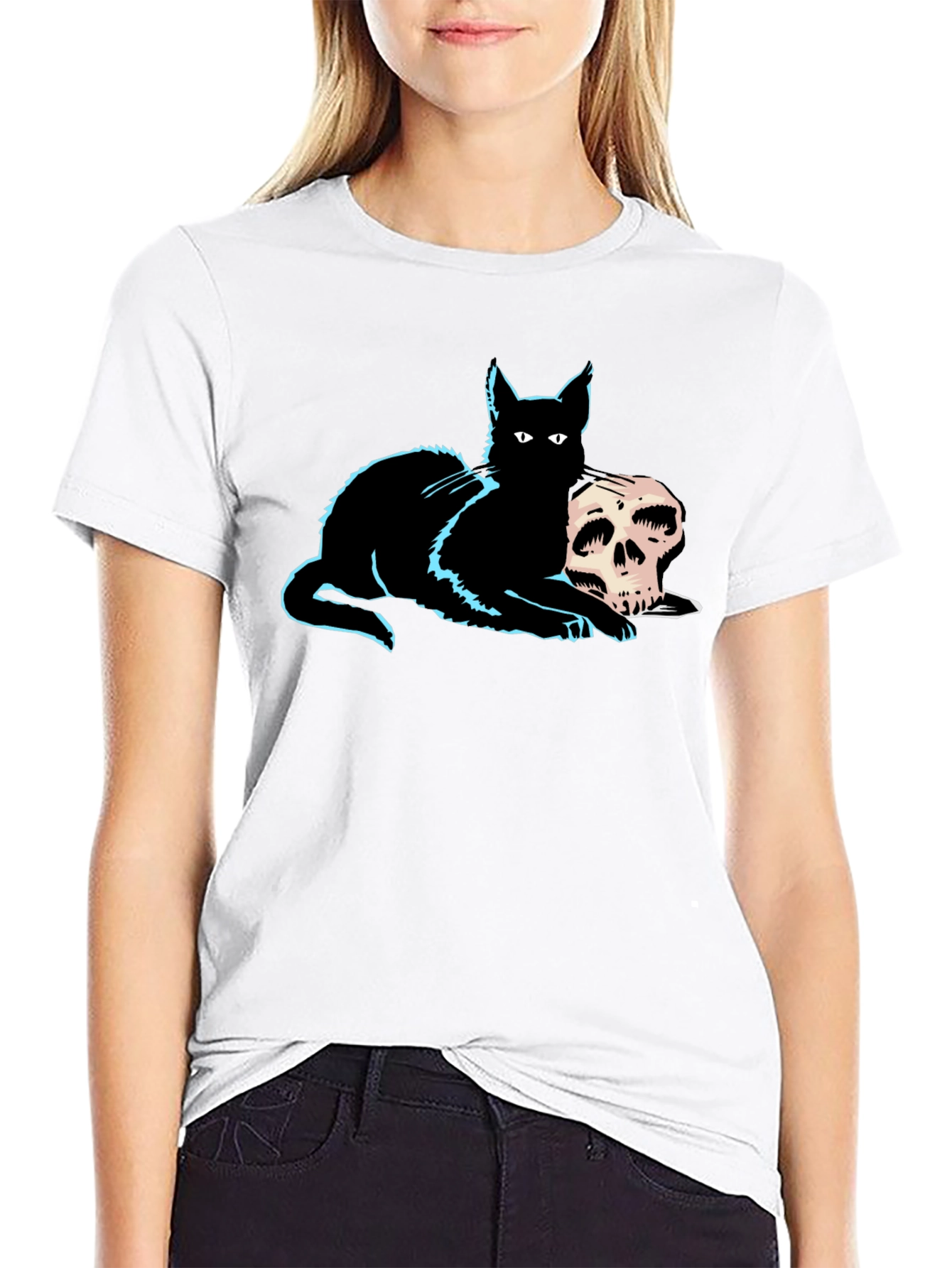Cat & Skull Graphic Tee - Gothic Style
