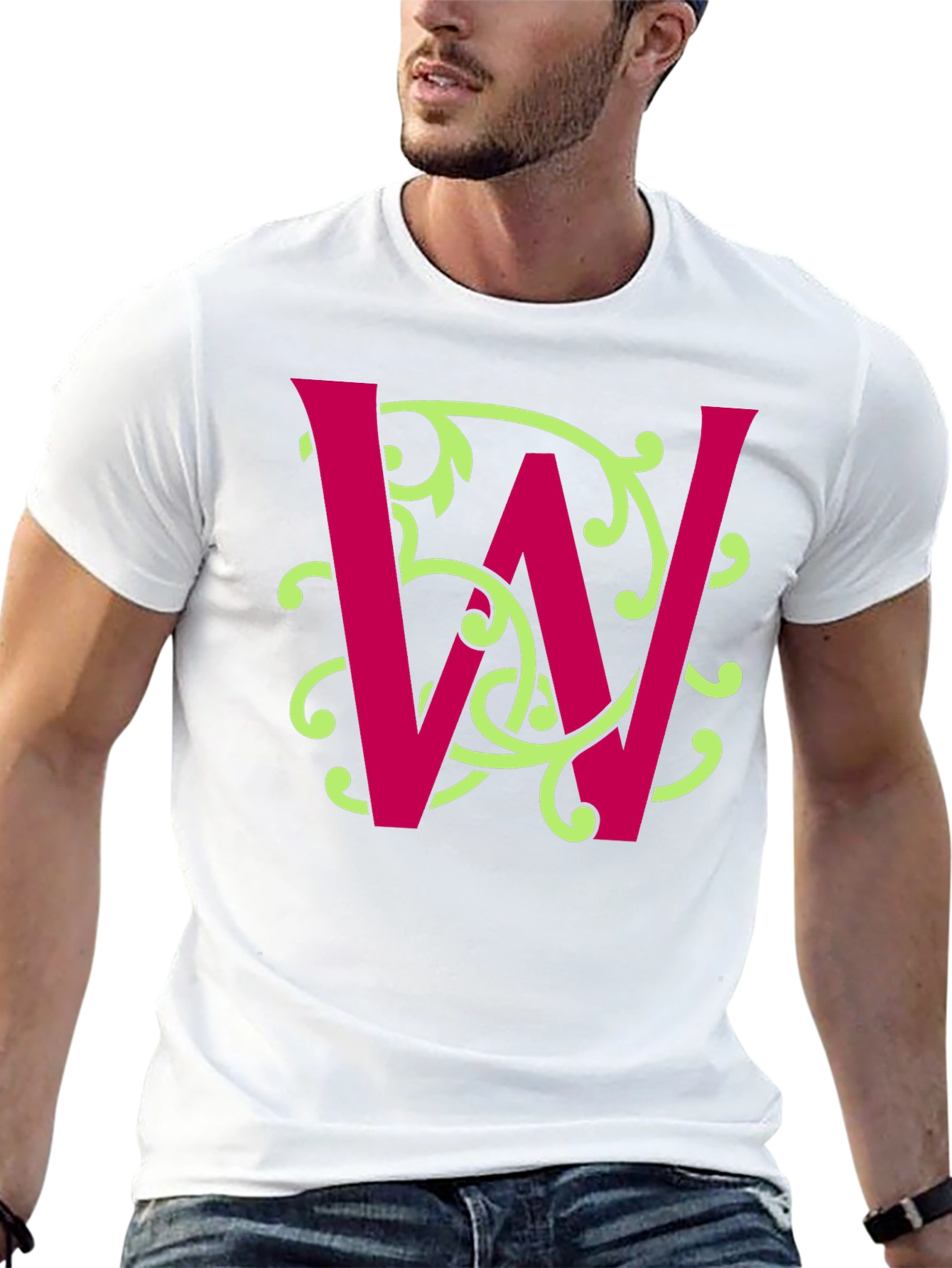 Letter W Floral Vine Graphic Tee - Black