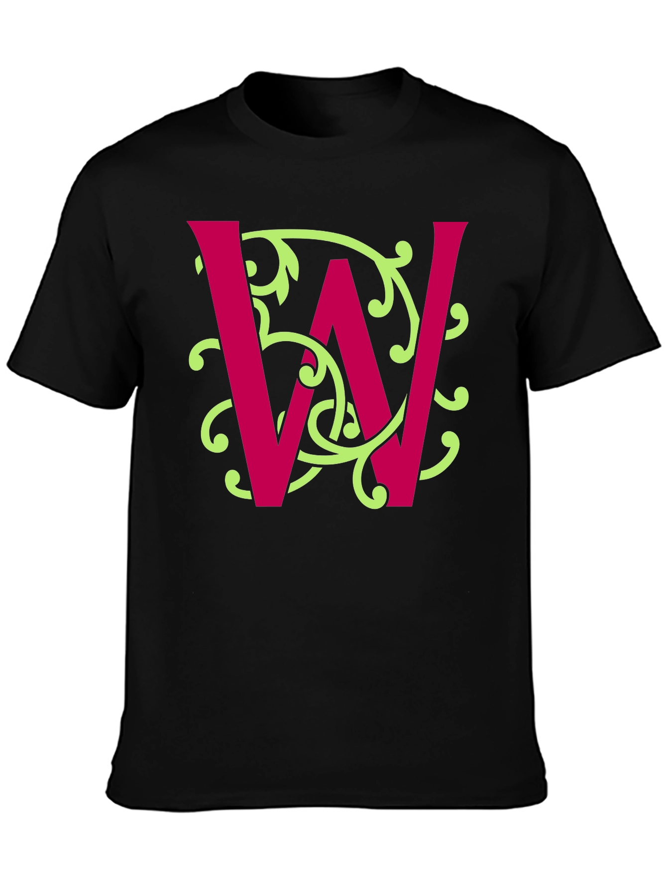 Letter W Floral Vine Graphic Tee - Black