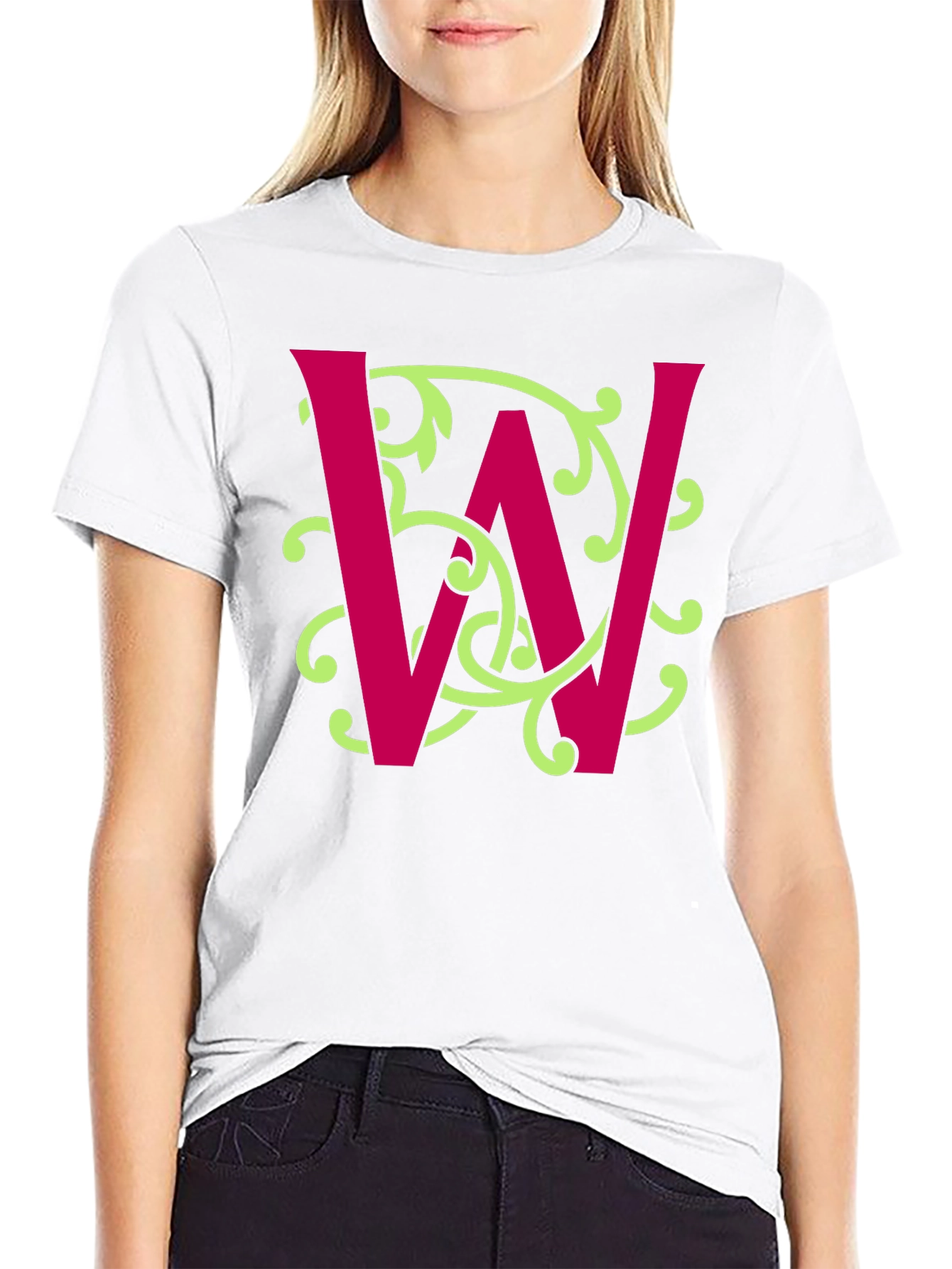 Letter W Floral Vine Graphic Tee - Black