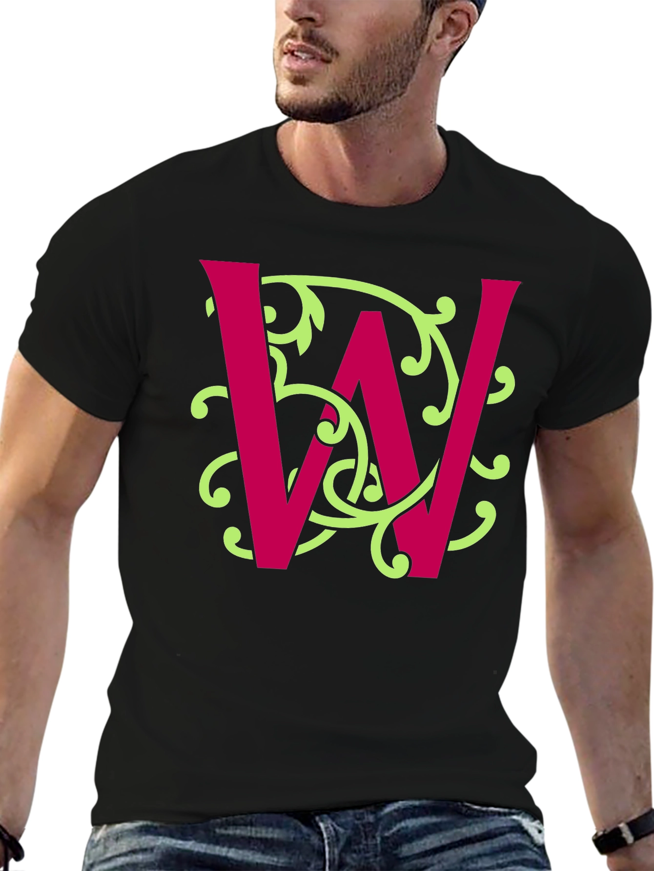 Letter W Floral Vine Graphic Tee - Black