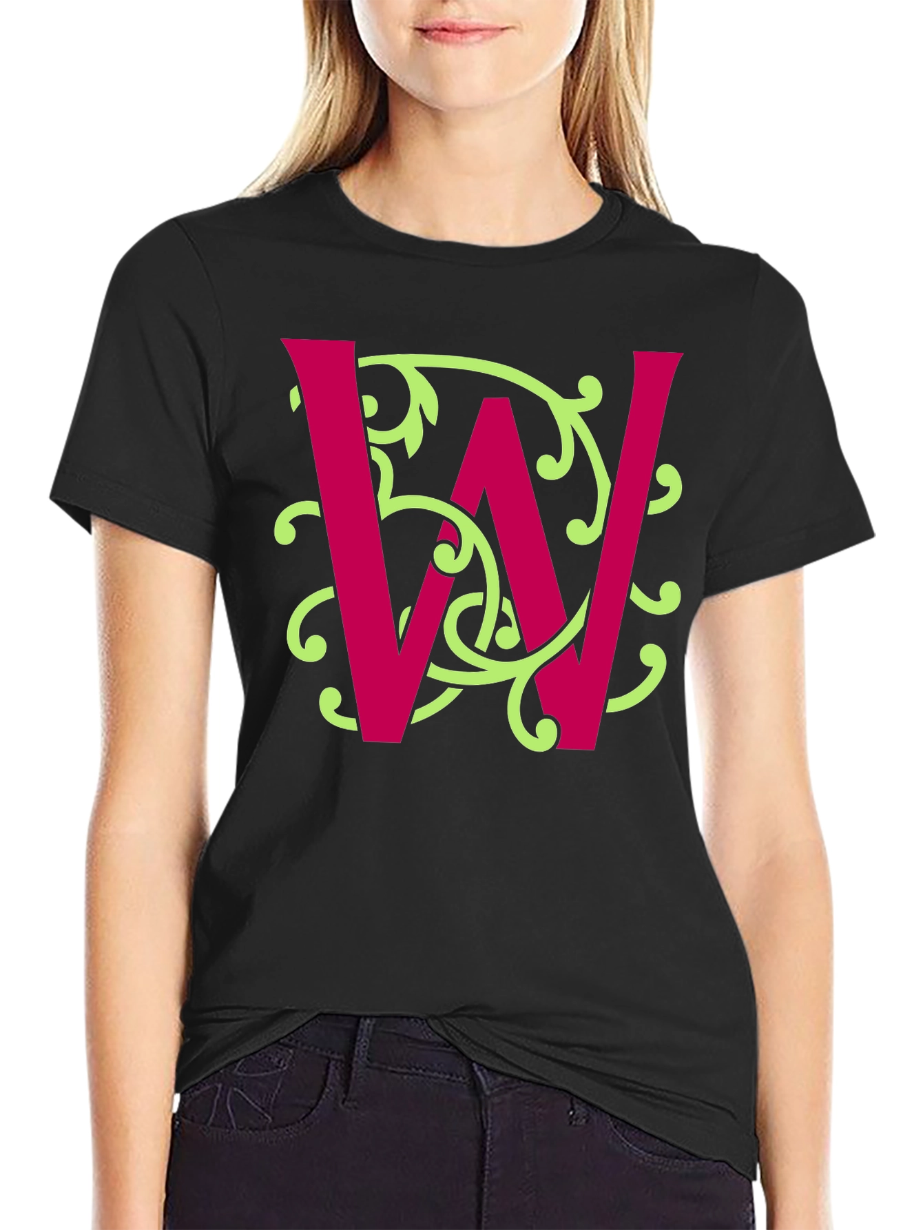 Letter W Floral Vine Graphic Tee - Black