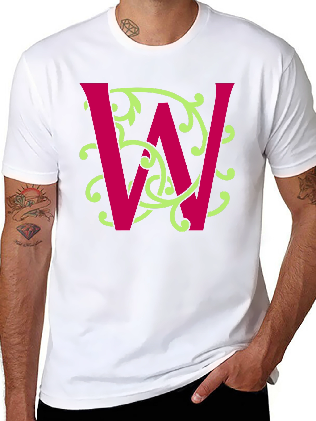 Letter W Floral Vine Graphic Tee - Black