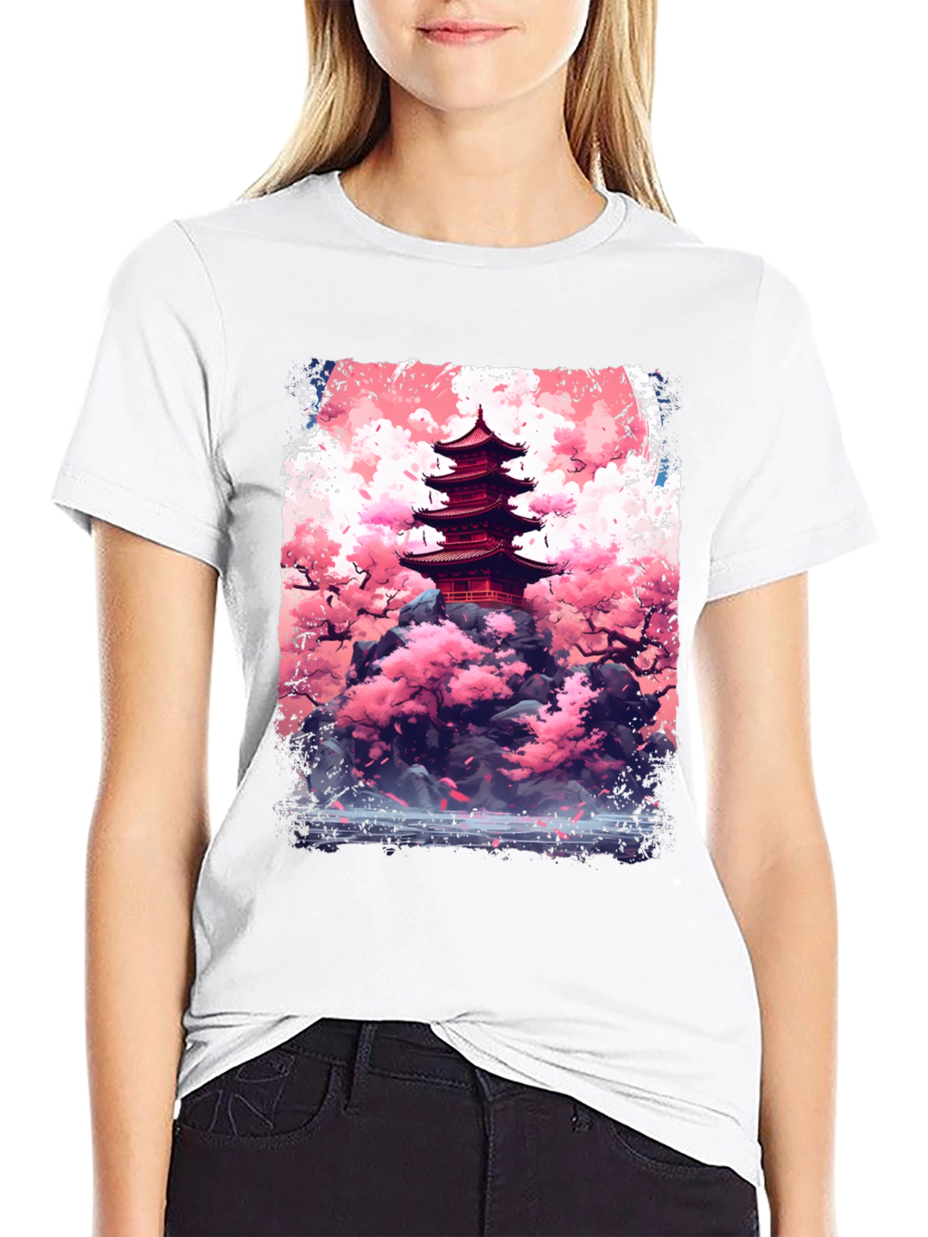 Japanese Pagoda Cherry Blossom Graphic Tee