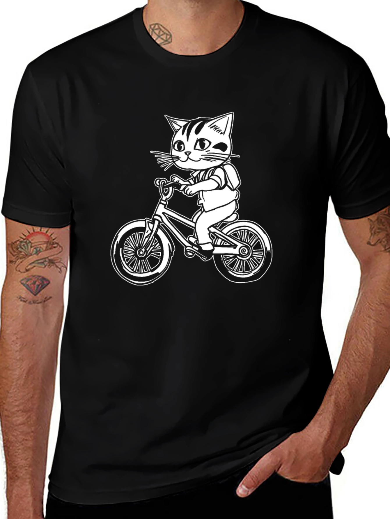 Cat On Bike Graphic T-Shirt - Black