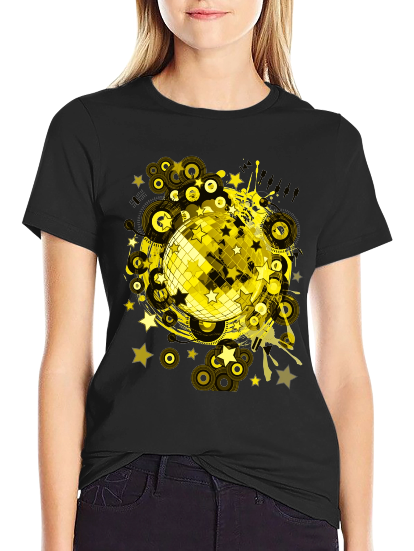 Disco Ball Graphic Tee - Black Cotton T-Shirt