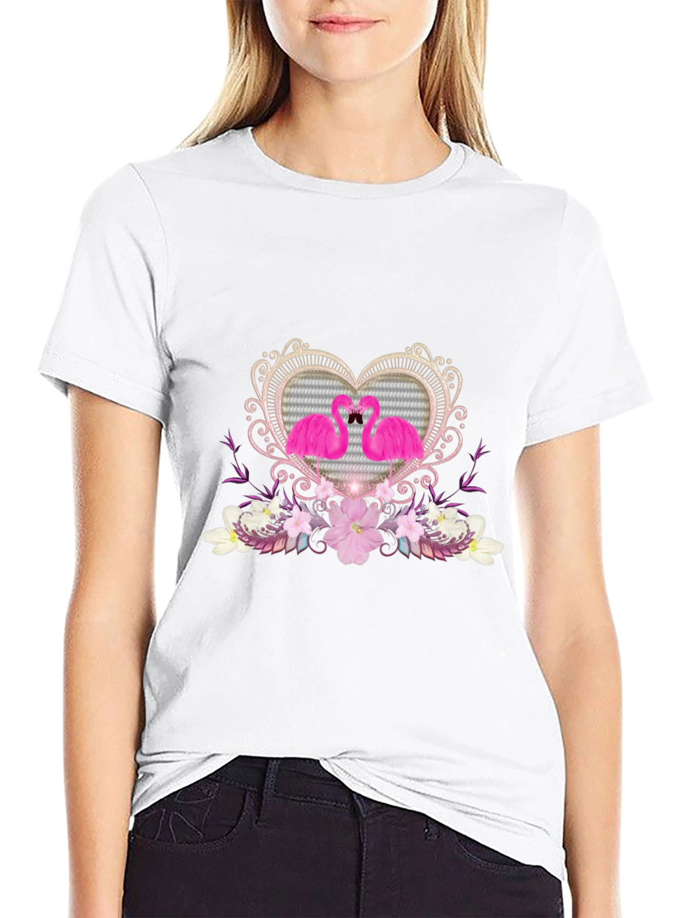 Flamingo Heart Graphic Tee - Black