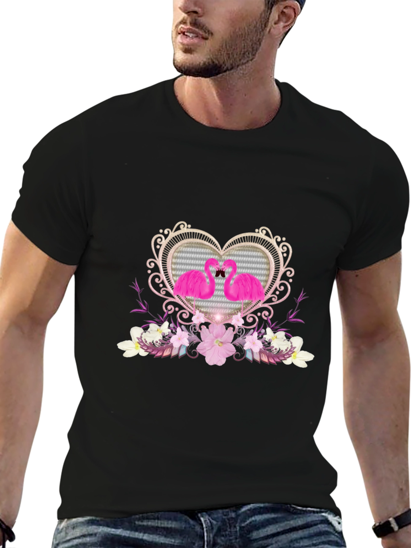 Flamingo Heart Graphic Tee - Black