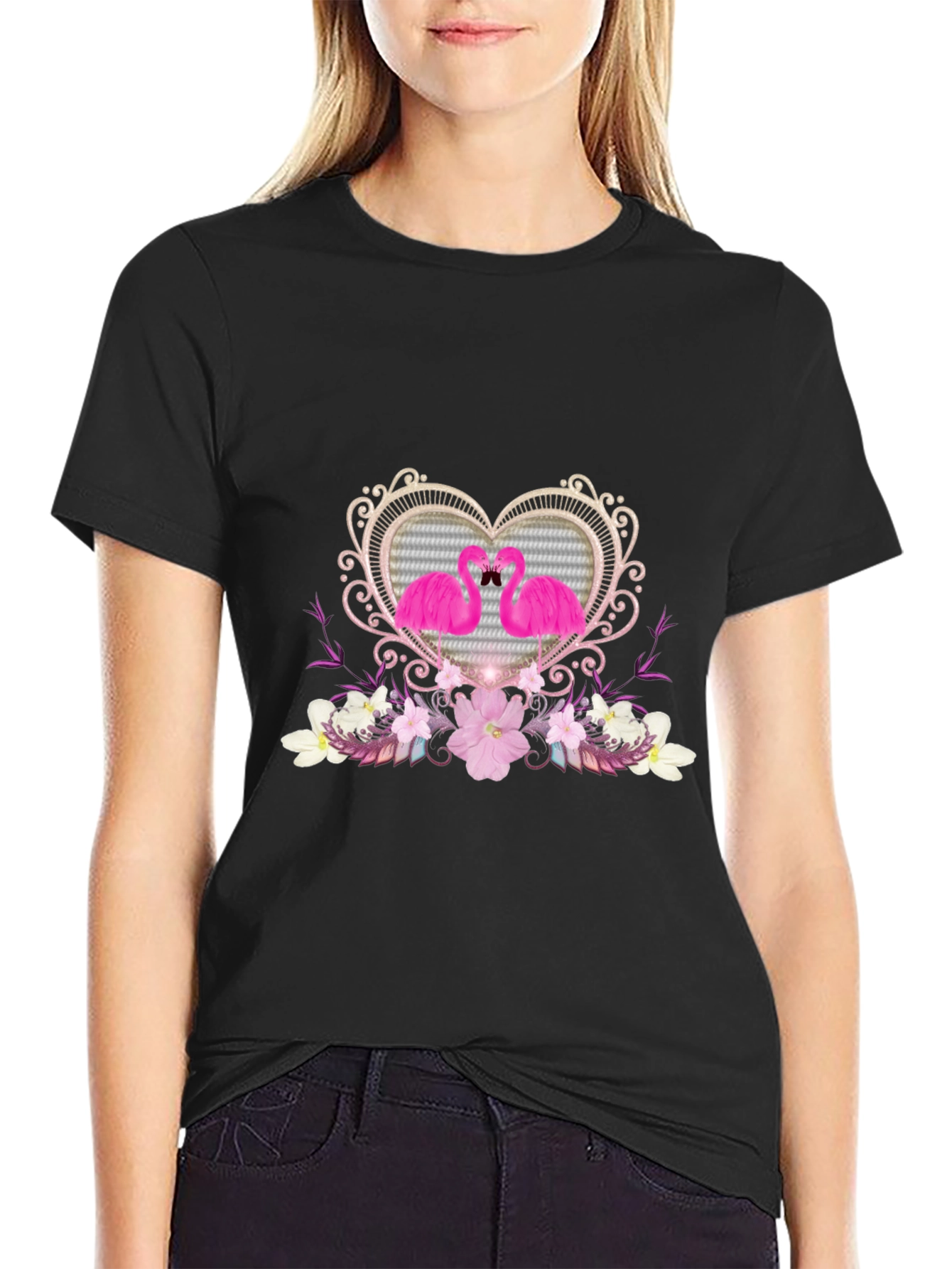 Flamingo Heart Graphic Tee - Black