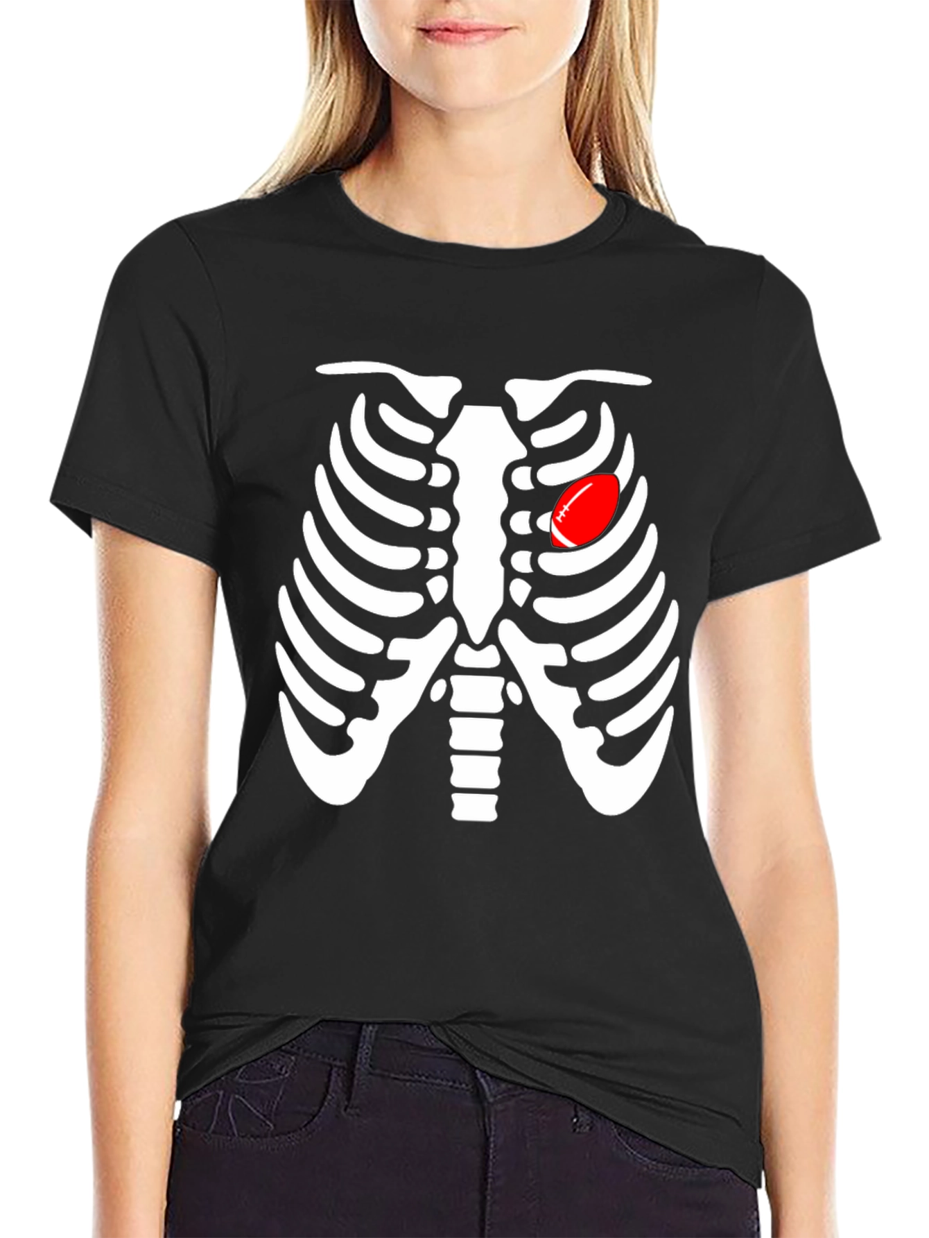 Skeleton Rib Cage Football Heart Graphic Tee