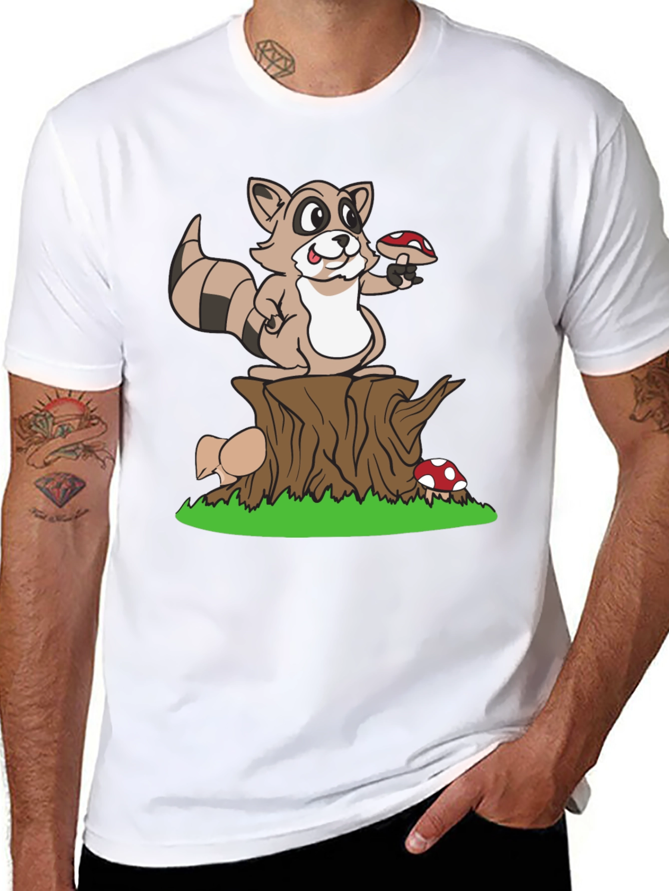 Cute Raccoon & Mushroom Graphic T-Shirt
