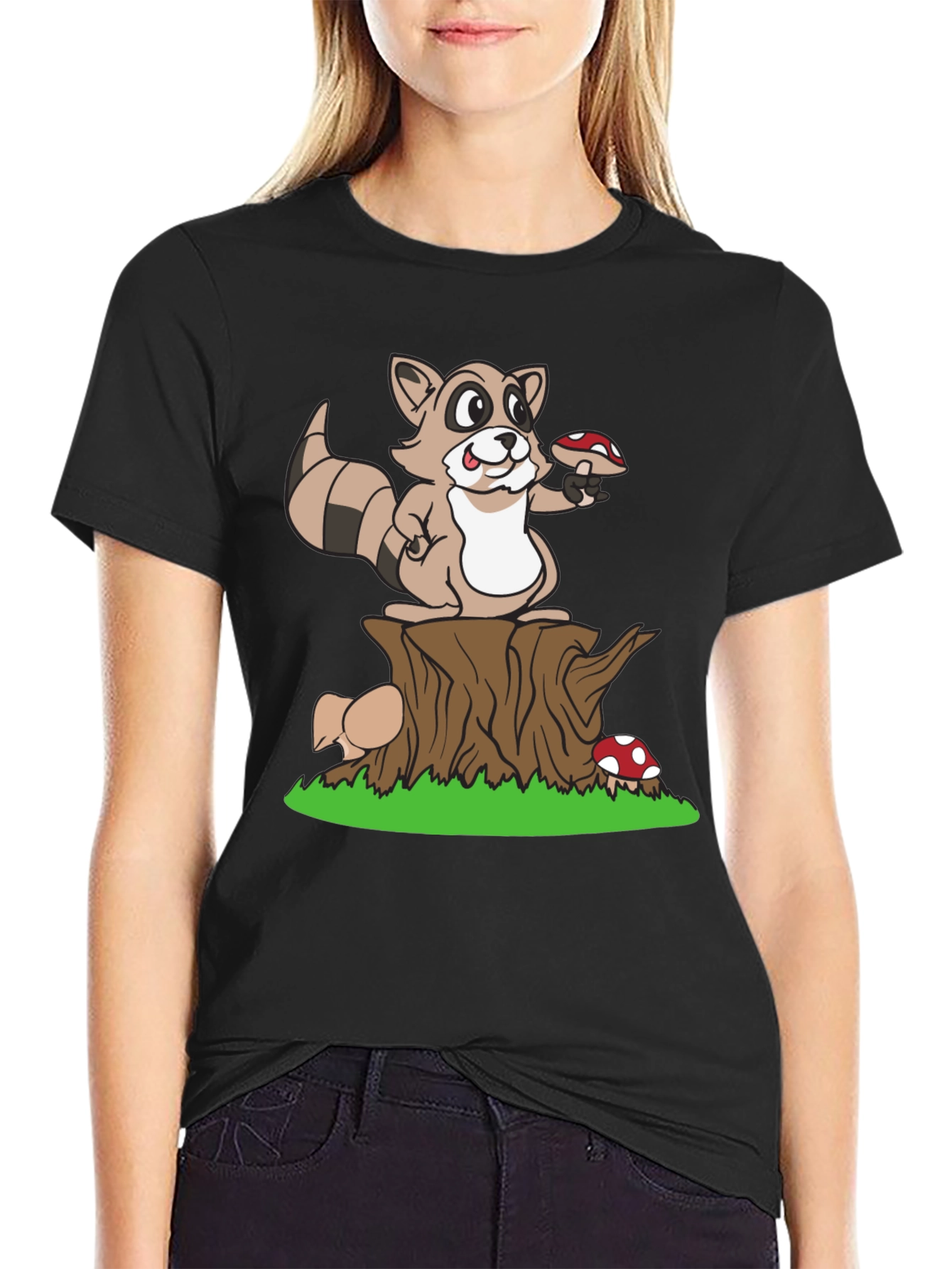 Cute Raccoon & Mushroom Graphic T-Shirt