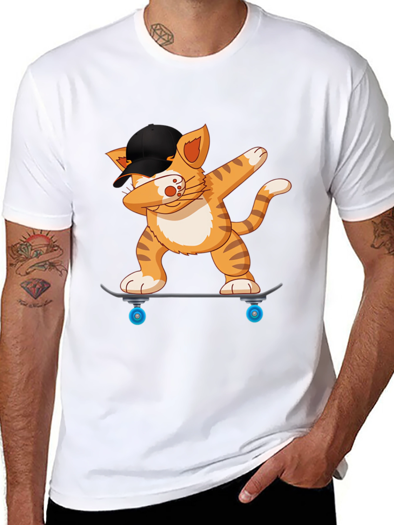 Cool Cat Dabbing on Skateboard Black T-Shirt