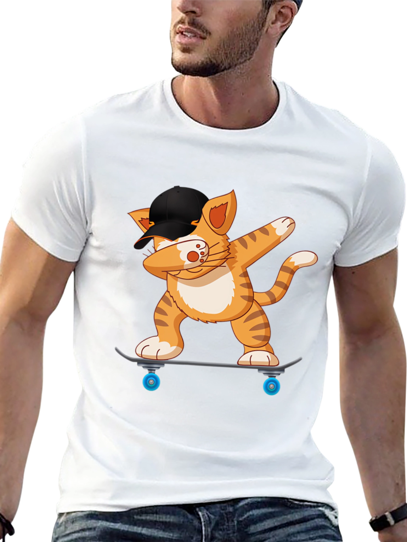 Cool Cat Dabbing on Skateboard Black T-Shirt