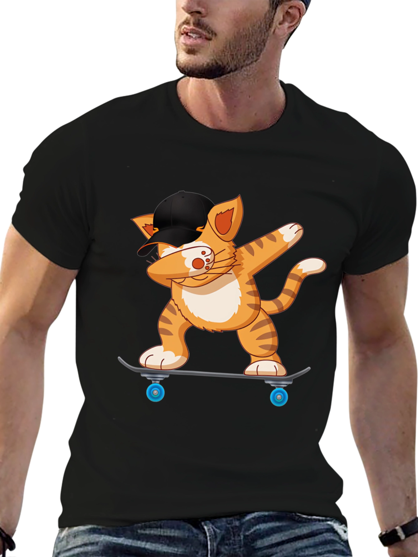 Cool Cat Dabbing on Skateboard Black T-Shirt