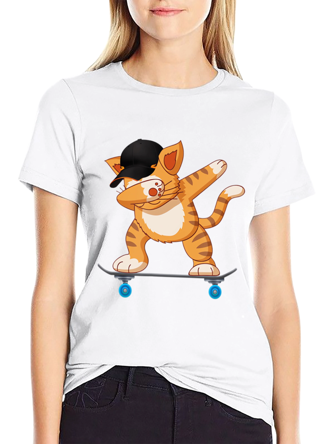 Cool Cat Dabbing on Skateboard Black T-Shirt