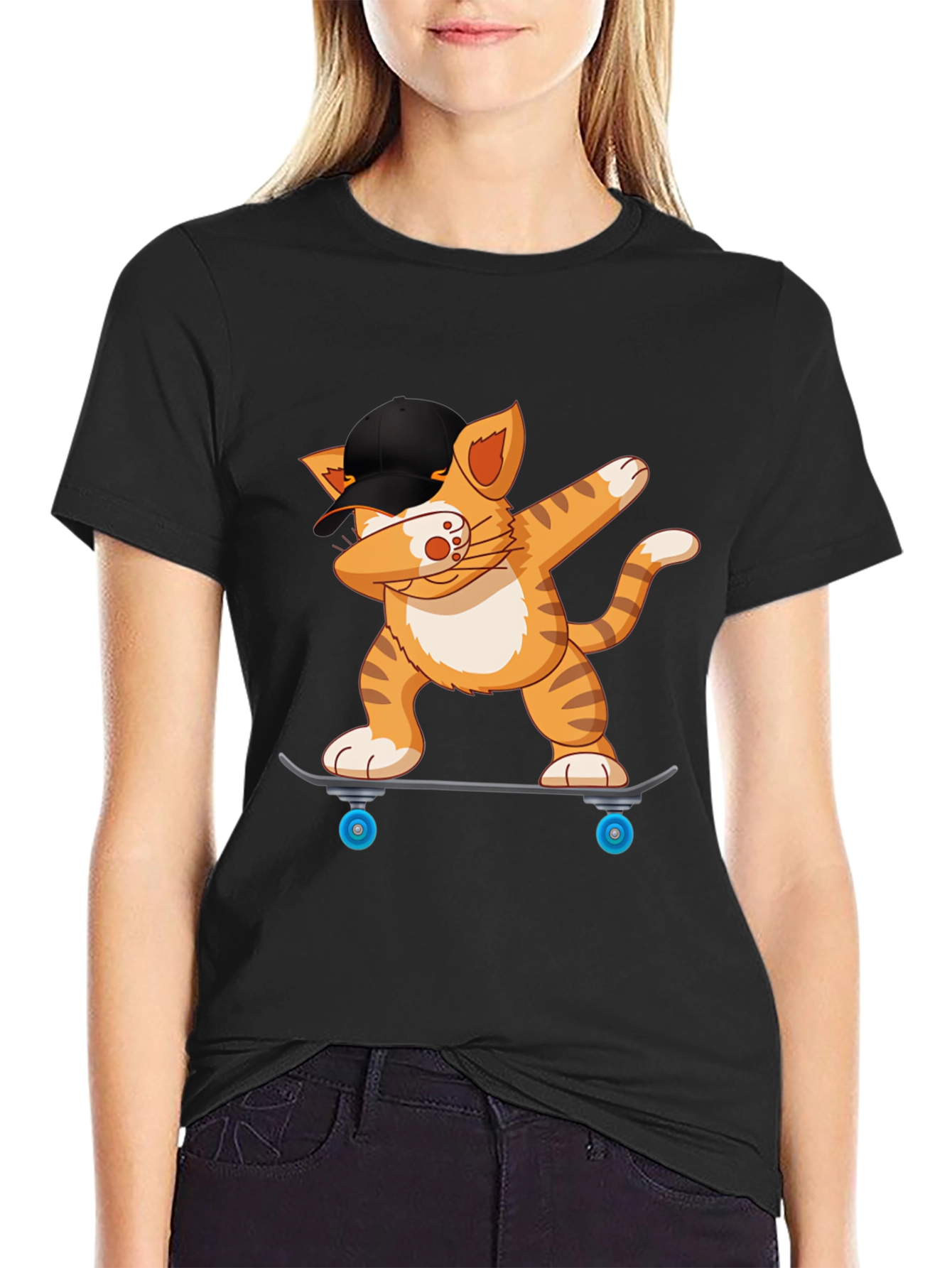 Cool Cat Dabbing on Skateboard Black T-Shirt