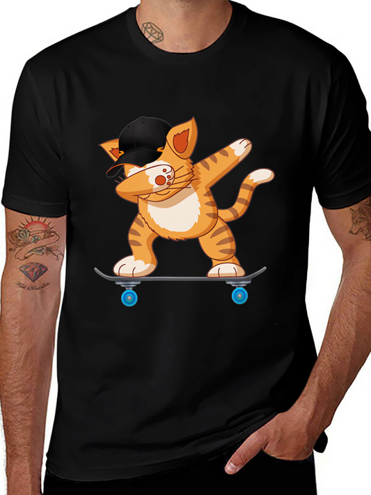 Cool Cat Dabbing on Skateboard Black T-Shirt