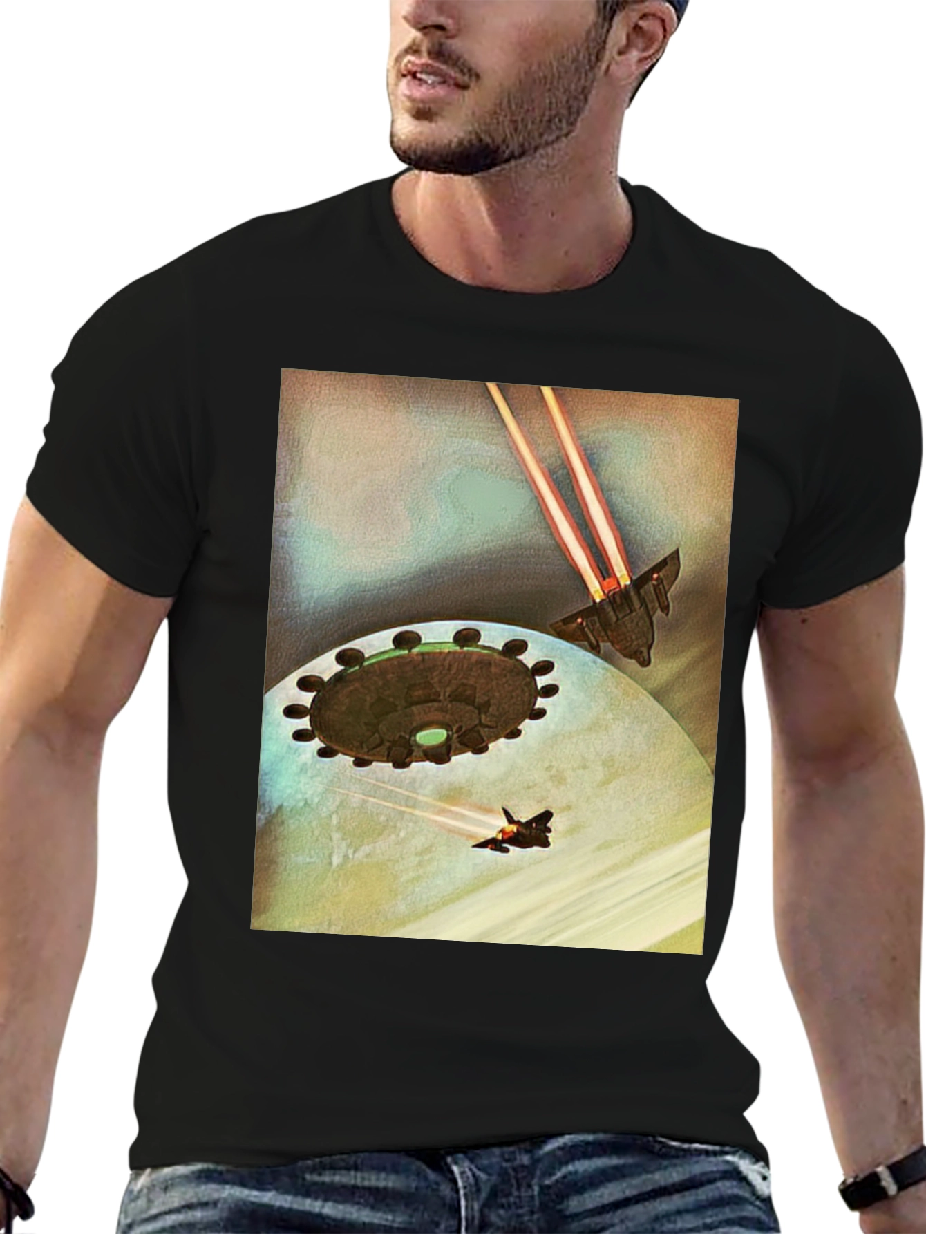 Sci-Fi Spaceship Battle Black T-Shirt