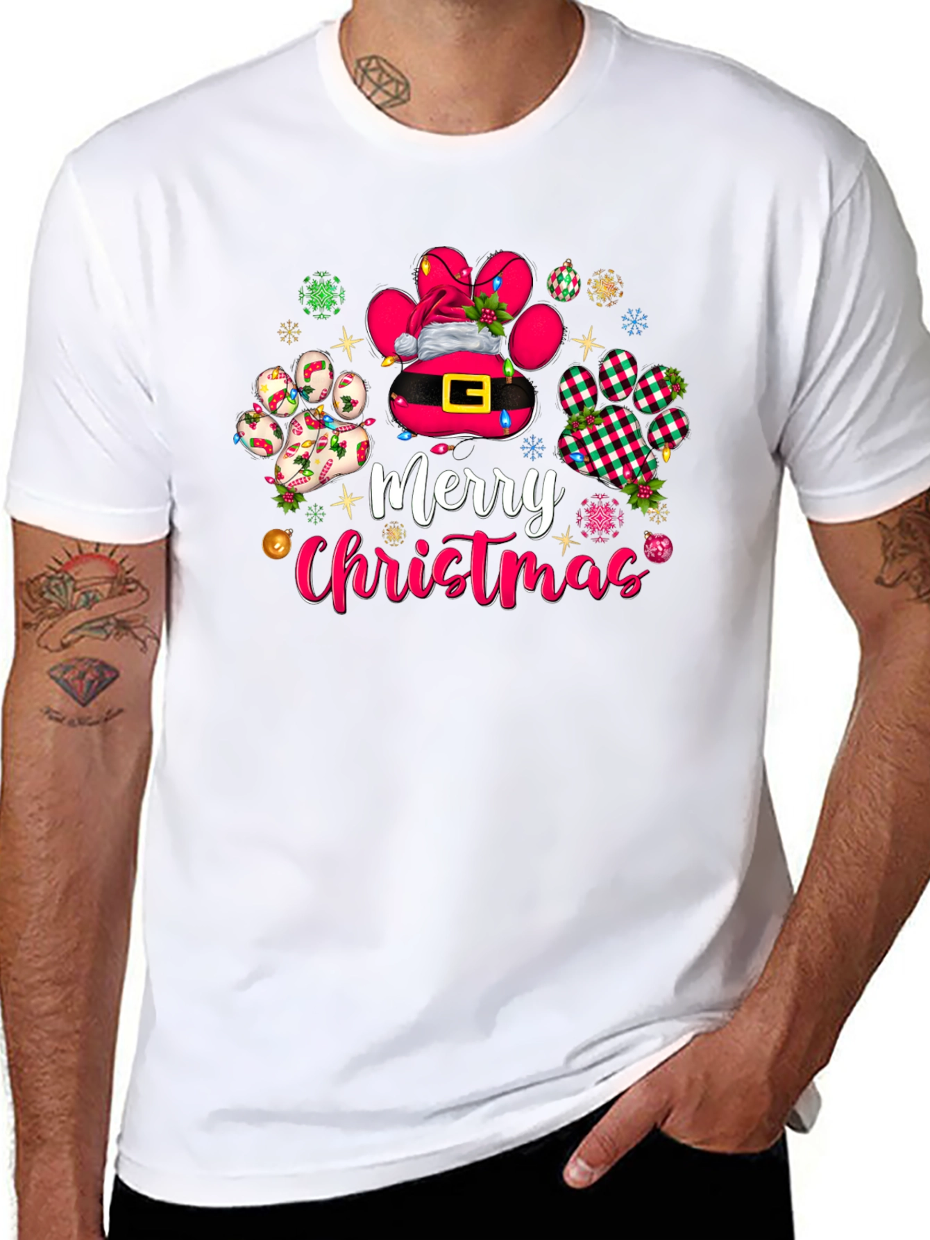 Merry Christmas Dog Paw Print T-Shirt